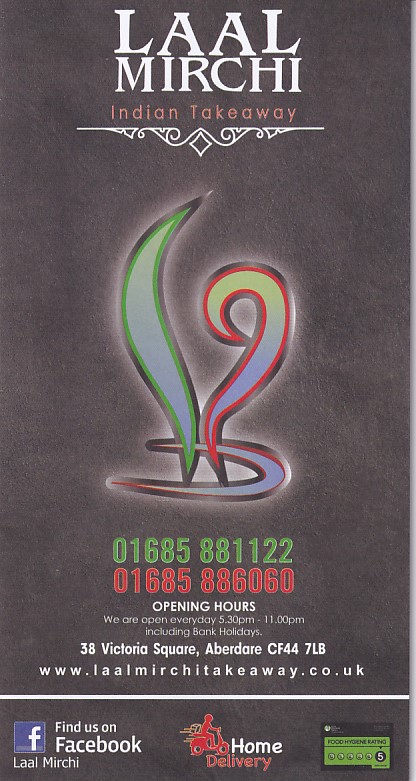 Menu of Laal Mirchi, Indian takeaway Aberdare