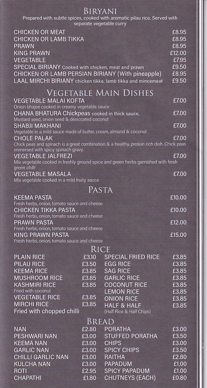 Menu of Laal Mirchi, Indian takeaway Aberdare